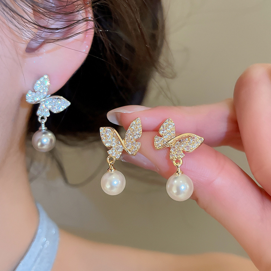 18k real gold plated silver needle zircon butterfly pearl vintage fashion temperament earrings, light luxury niche earrings