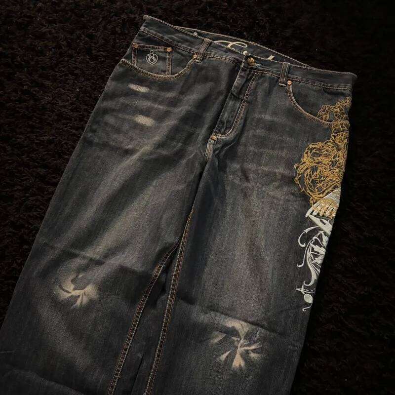 American New Fashion Oversize Pattern Embroidered Baggy Jeans Men Y2K Gothic Harajuku Hip Hop Straight High Waist Wide Leg Pants 26Y0312