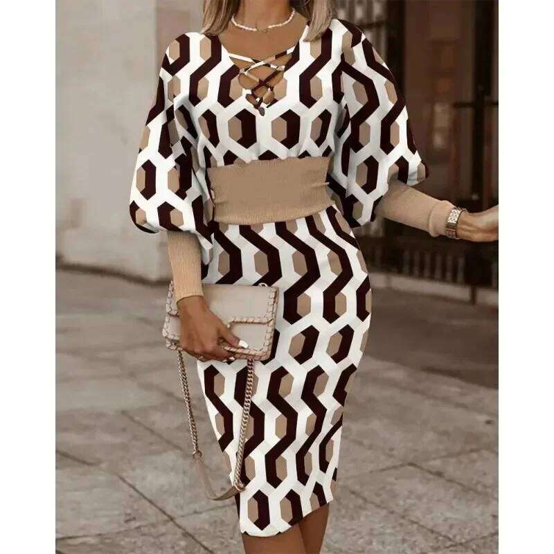Women's Autumn S-XXL Long Sleeved Fashionable Printed V-Neck Band Waist Pack Hip Commuter Leisure Holiday Elegant Dress C260311