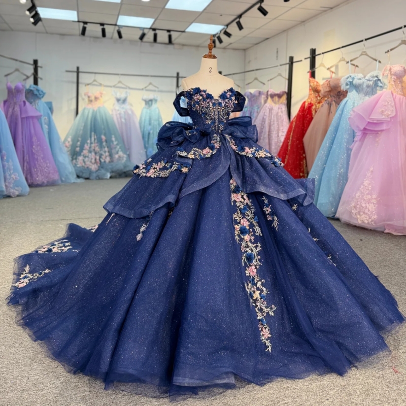 Navy Blue Shiny Ball Gown Quinceanera Dresses 2026 Applique Flower Beading Crystal Bow Tull Corset Off Shoulder Sweet 16 Dress Vestidos De 15 Anos