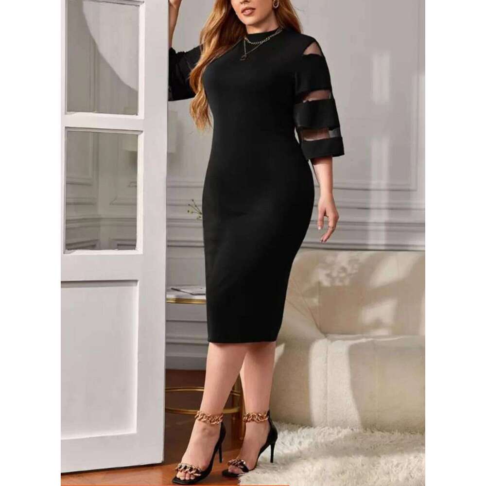 Spring/Summer New plus Size Elegant Women's Dress Black Mesh Paneling Bell Sleeve Sexy Bodycon Business Casual round Neck Solid C260312