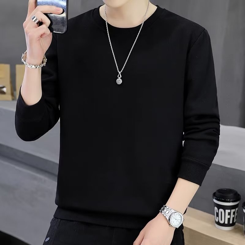 Trendy Loose-fit Round-neck Solid Color Sweatshirt For Men Spring And Autumn Style Simple Inner Designer Hoodie Layer Hong Kong Style Men's Plain
