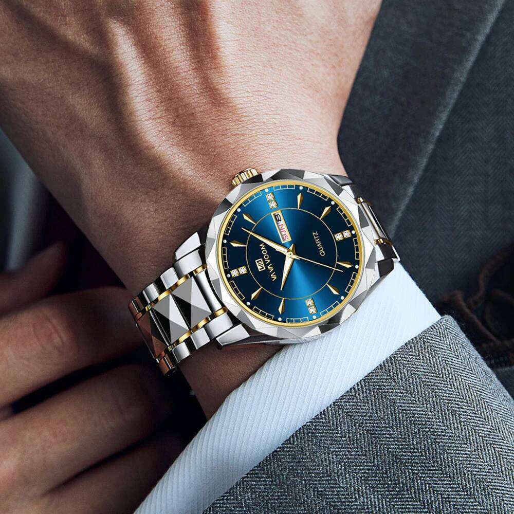 VA VOOM Men Stainless Steel Watch Classic Black Rhinestone Luxury Business Clock 3Bar Week Movement Sports Quartz Wristwatch