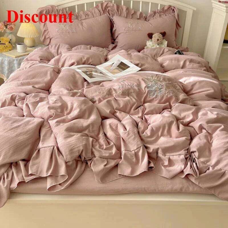 Lace embroidery small fresh and cute girl heart four-piece set washed cotton summer sheet quilt cover bed hat H260312