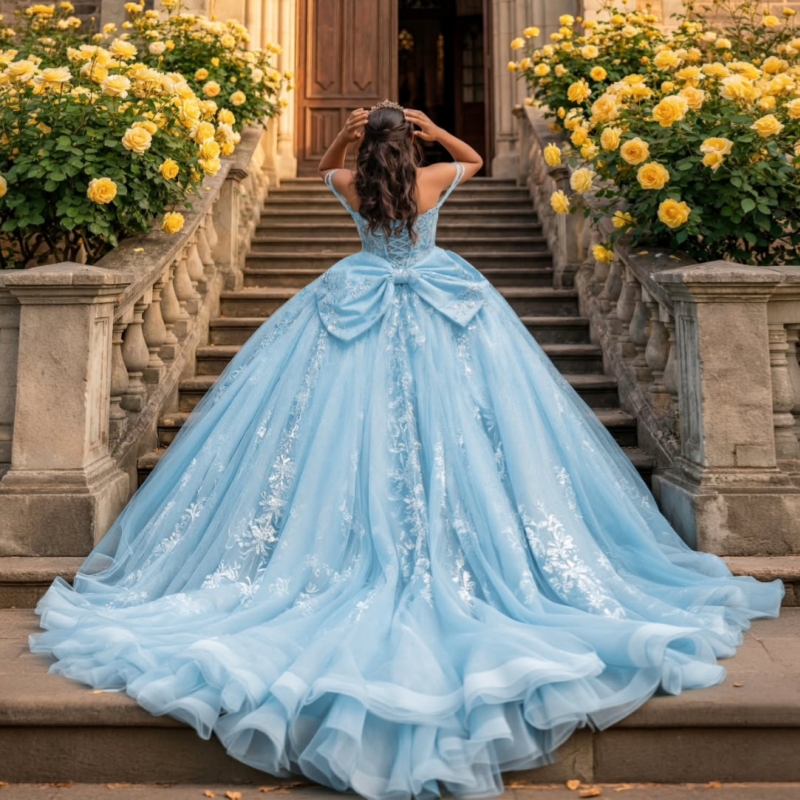Sky Blue Shiny Ball Gown Quinceanera Dresses 2026 Applique Lace Beading Crystal Bow Tull Corset Off Shoulder Sweet 16 Dress Vestidos De 15 Anos