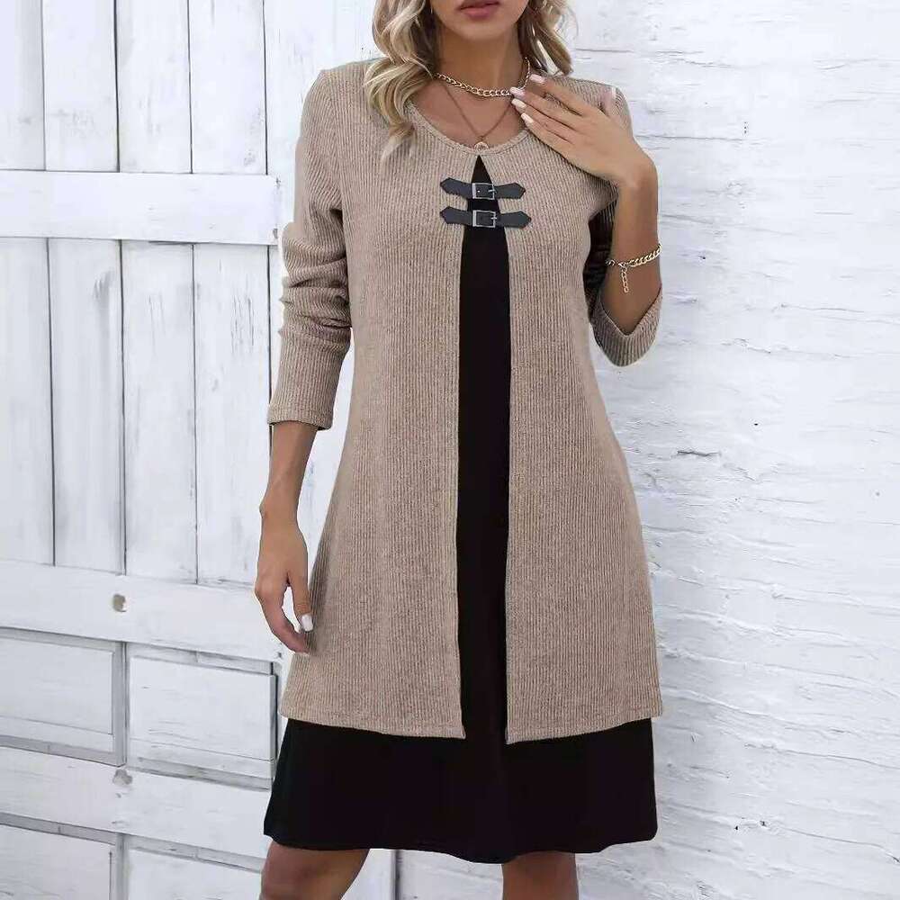 Spring Autumn Women's New Solid Sleeved Round Neck Elegant Splicing Knitted Long Casual Comfortable Dress For Women C260312