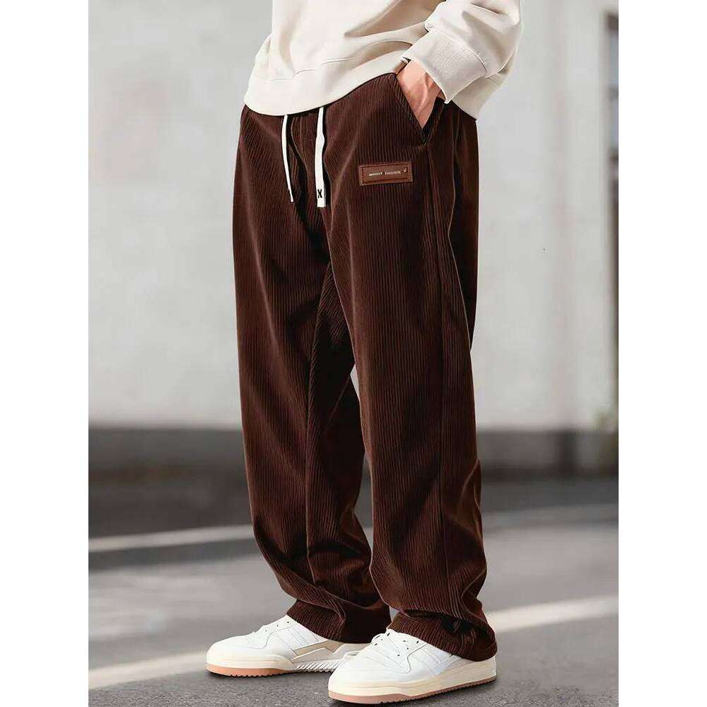 Men Casual Corduroy Trousers Loose Fit Baggy Pants Straight Sweatpants Spring Summer Thin Drawstring Outdoor Streetwear