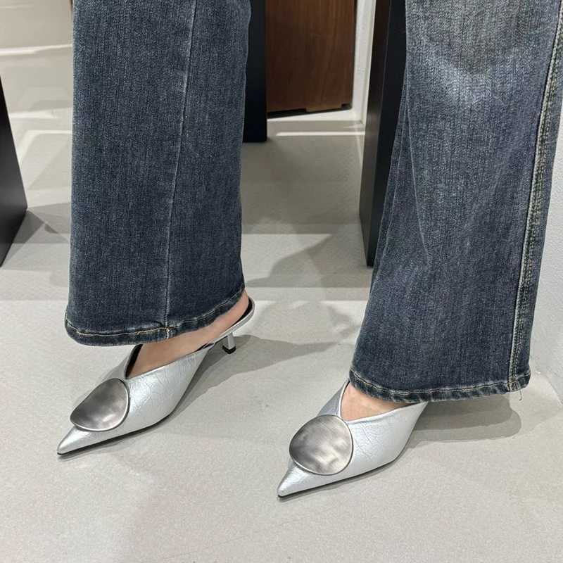 SUOJIALUN 2026 Spring New Women Slipper FAshion Pointed Toe Shallow Slip on Mules Shoes Metal Outdoor Dress Slides K260312