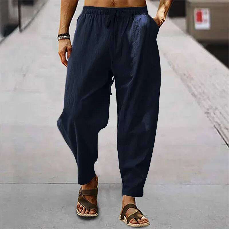 All Seasons Men's Casual Cotton Linen Pants Loose Fit Straight Wide Leg Hip Hop Drawstring Trousers