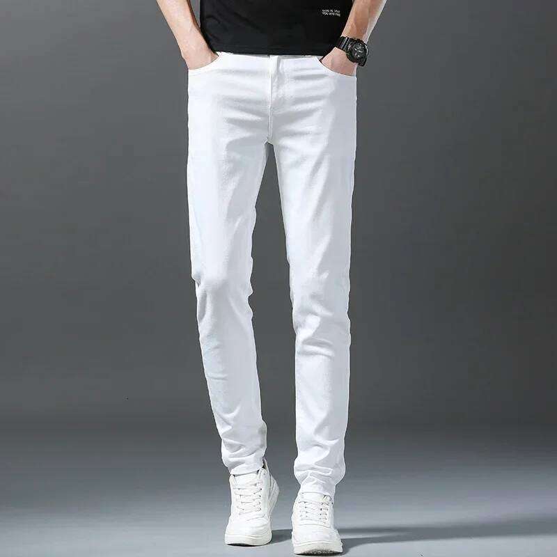 Spring Summer New 98%Cotton Men's Slim Jeans Straight Casual Fashion Pencil Pants High Quality Trousers Male Clothes White 26Y0312