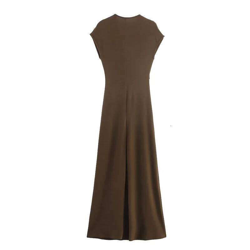Women's Summer 2025 New Solid Color Short Sleeve Pleated Gold Embellished Long Dress Elegant Temperament Personality Fashi C260312
