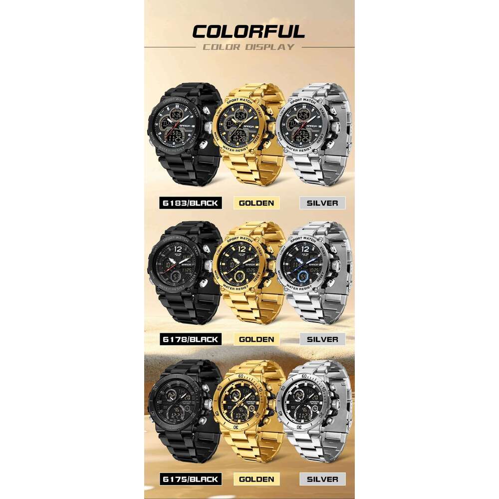 SANDA New 6175 Fashionable Sports Waterproof Dual Screen Multifunctional Men's Electronic Watch 2025