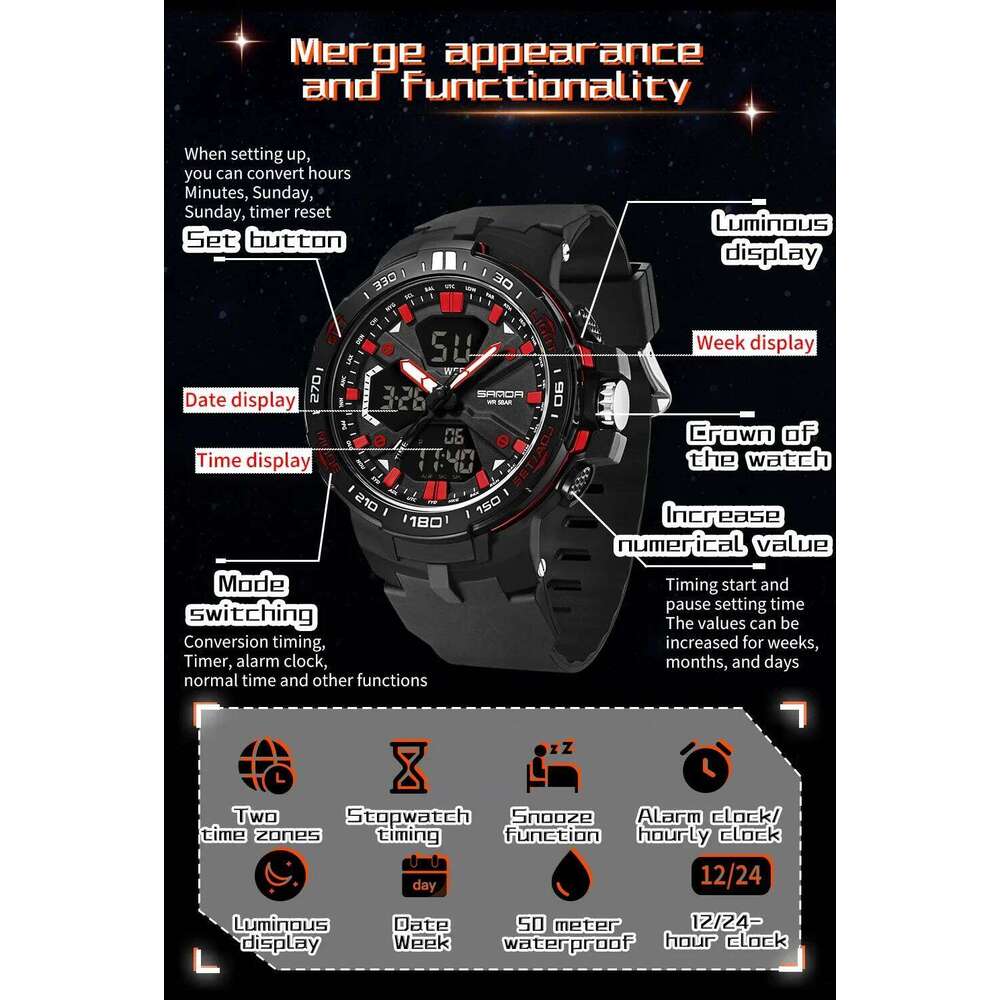 SANDA 3333 Student Fashion LED Electronic Multifunction Watches 50M Waterproof Night Light Sport Digital Chronograph Men Watche