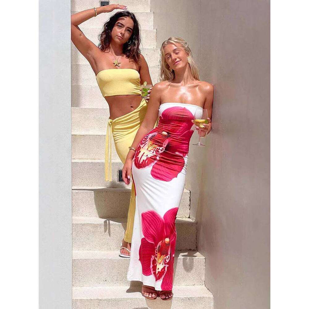 Women's Fashion Sexy Flower Print Strapless Long Summer Vacation Elastic High Waist Slim Fit Party Evening Dress 2025 C260311