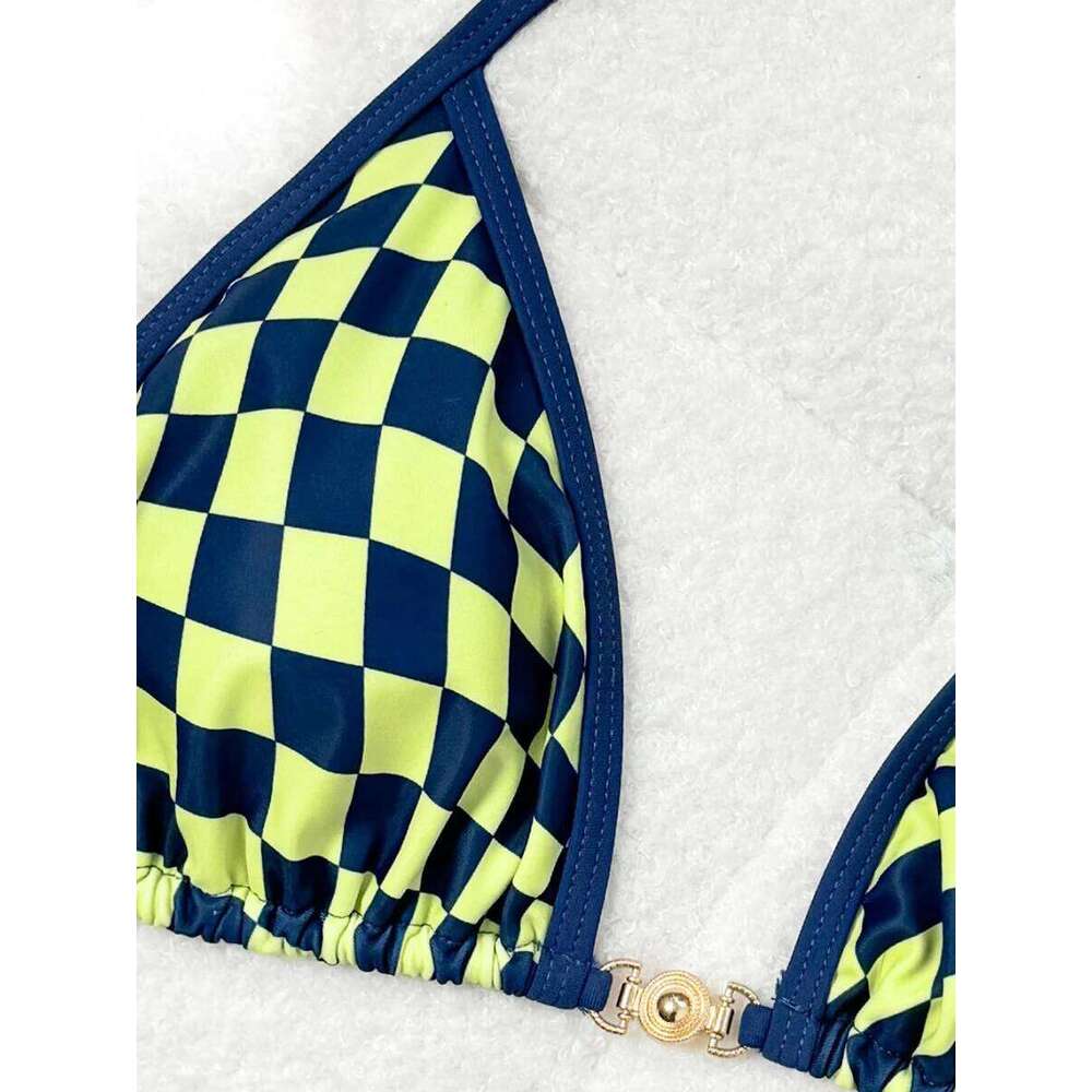 Sexy Swimsuit 2026 New Micro Bikini Women Plaid Swimwear Gold Ring High Leg Two Piece Bathing Suit Strappy Beachwear Biquini Y260303
