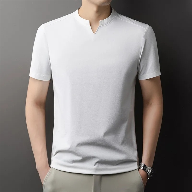 Korean Mens Casual and Fashionable Small V-neck Solid Color Short Sleeved T-shirt Comfortable Summer Versatile Top 260227