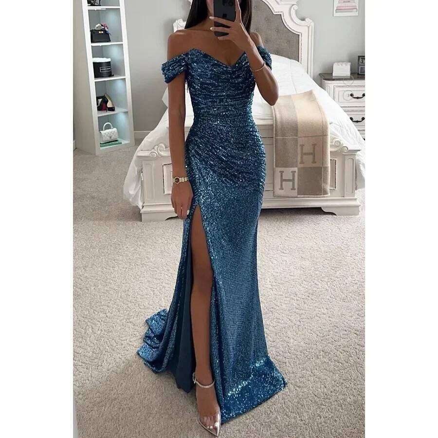 Womens Dresses New Party Sequin One Line Neckline Slit Casual Fashion Dress for Women C260312