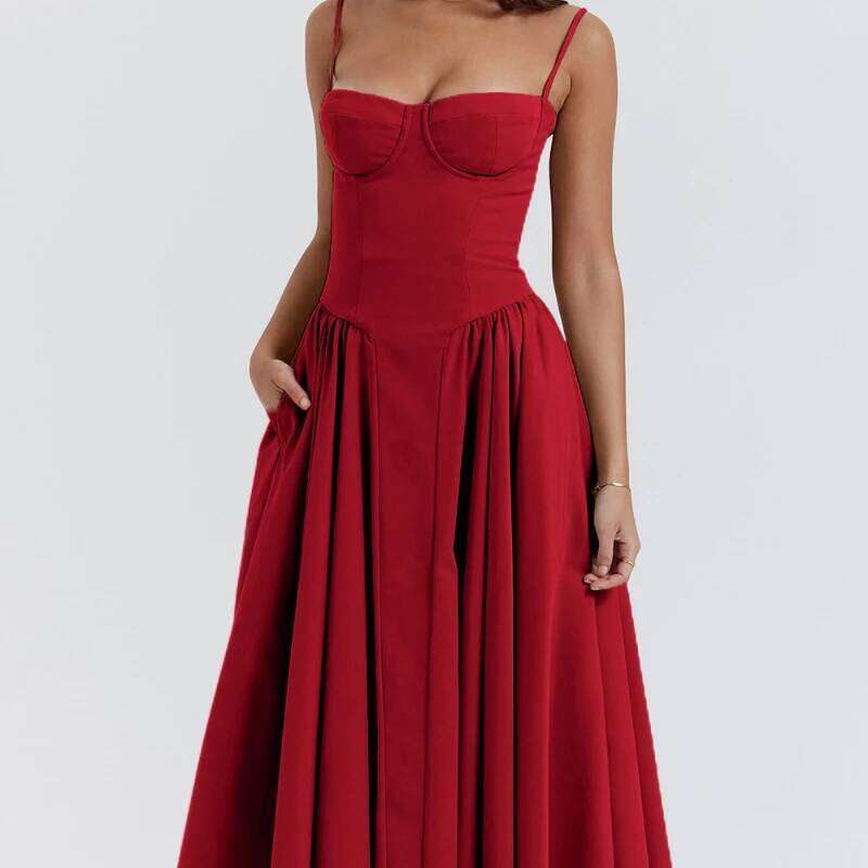 2026 Summer European American strapless with waist cinching, fashionable and sexy red suspender dress for women C260311