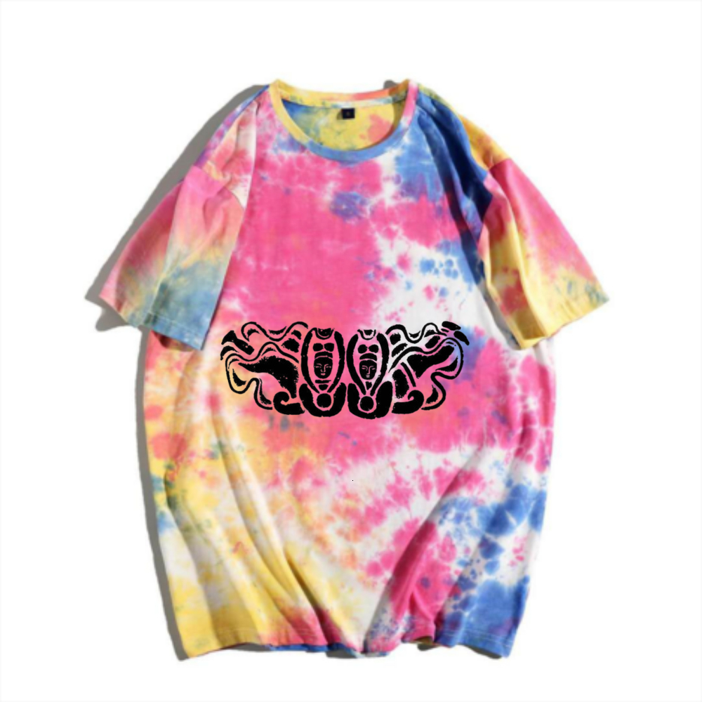 China-Chic New Chinese Traditional Pattern Tie Dyed Short Sleeve T-shirt Rainbow Gradual Change Retro Twin Holy Print Men's Summer Versatile Top