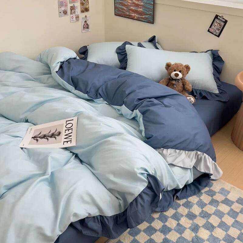 Ins Princess Bedding 2024 New Duvet Cover Fresh Blue Solid Color Floral Wrinkled Yann Set Of Four Pieces Bed Sheets H260312