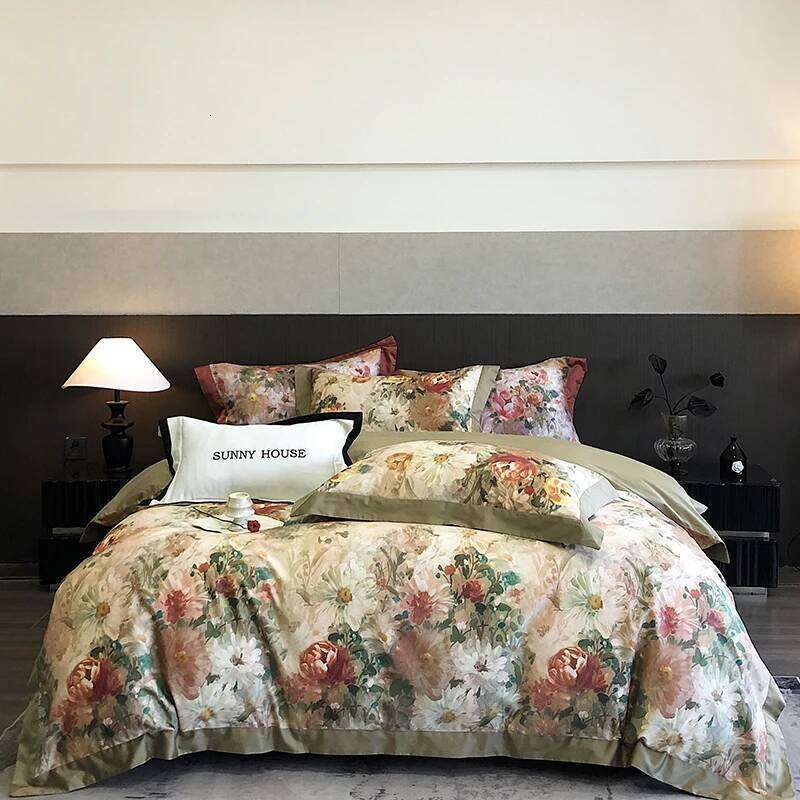 1000TC Egyptian Cotton Vintage Oil Painting Style Flowers Print Bedding Set Duvet Cover Flat/Fitted Bed Sheet Pillowcase 4Pcs H260312