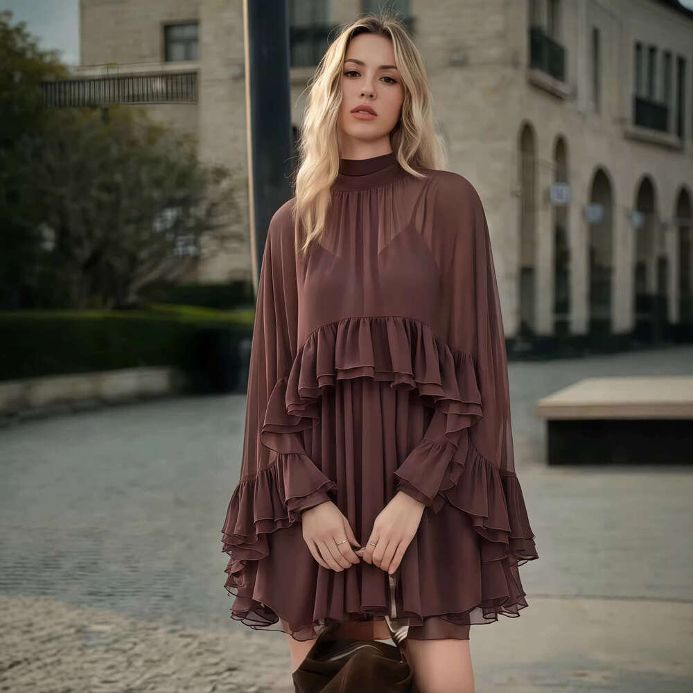 Sexy V-neck Sling Mini Skirt & Ruffle Cape Outfits Fashion Turtleneck Solid Color Loose 2Pc Suit Women Elegant Draped Party Set Asia Size