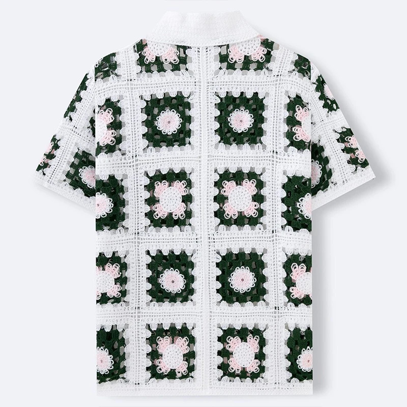 Summer Men Knitted Hollow Out Polo Shirt Fashion Short Sleeve Cardigan Tops French Retro Ethnic Premium Crochet Knitting Shirts 260311