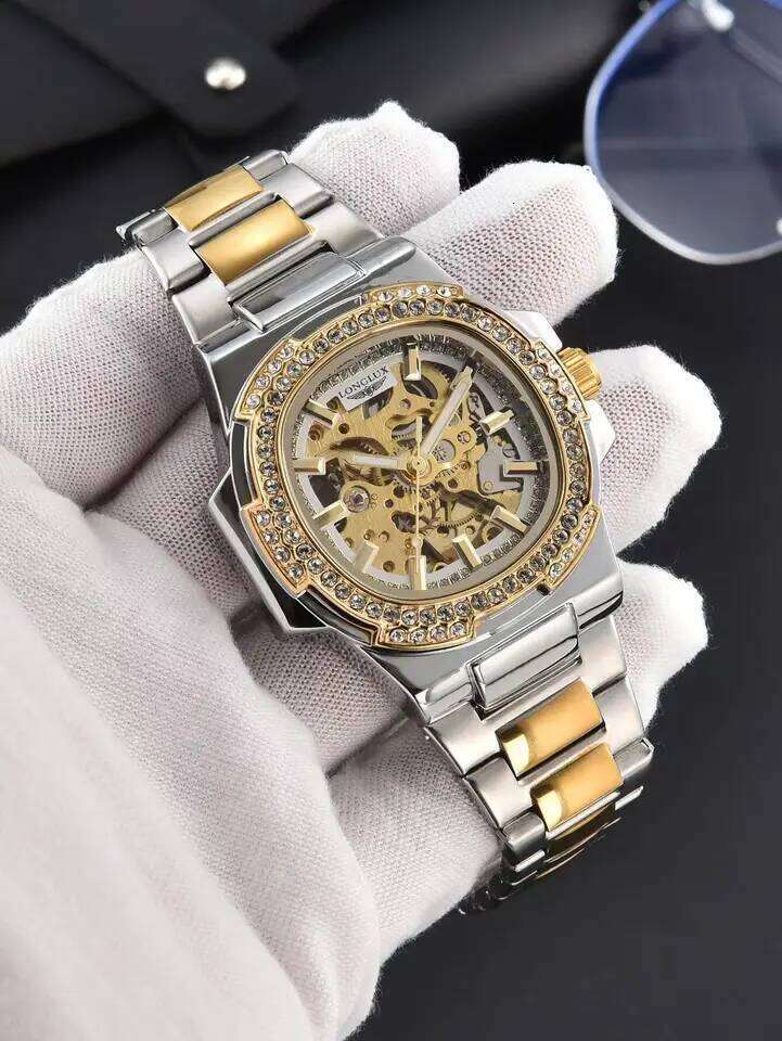 LONGLUX automatic luxury stainless steel wholesale mechanical wristwatches skeleton waterproof diamond man watch