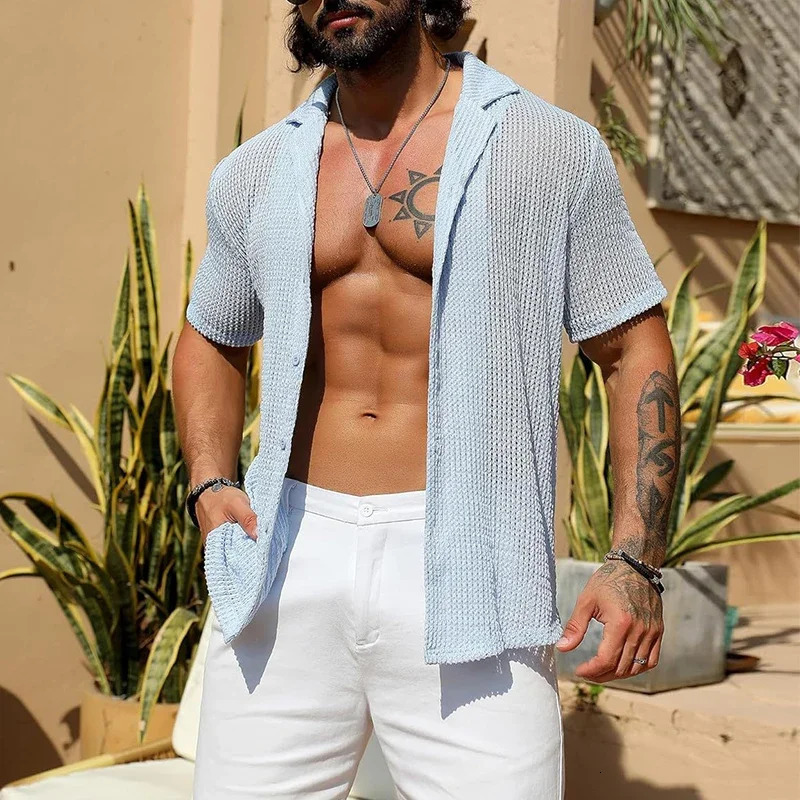 Sexy Hollow Out Breathable Knitted Shirt Men Summer Beach See Through Casual Shirts Mens Short Sleeve Button Solid Color Shirts 260311
