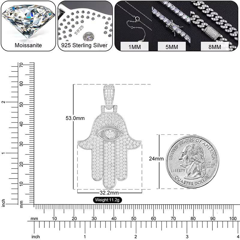 Dropshipping Fine Jewelry 925 Sterling Silver VVS Moissanite Bling Iced Out Eye Hamsa Hand Pendant for Men Women