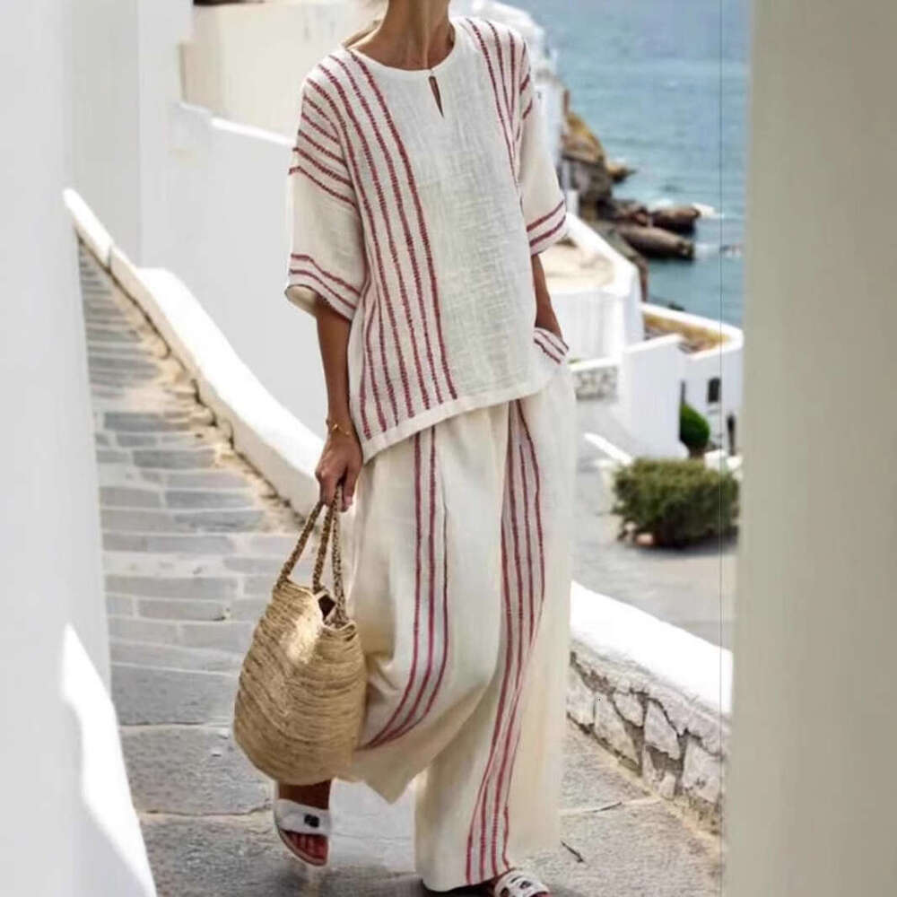 European And American Style Clothing Round Neck Striped Short Sleeve Linen Cotton Top Casual Pants Women
