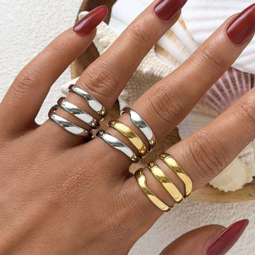 Minimalist Line 18K Gold Color Plated Stainless Steel Stackable Hollow Women's Jewelry Adjustable Ring Party Gift H260312