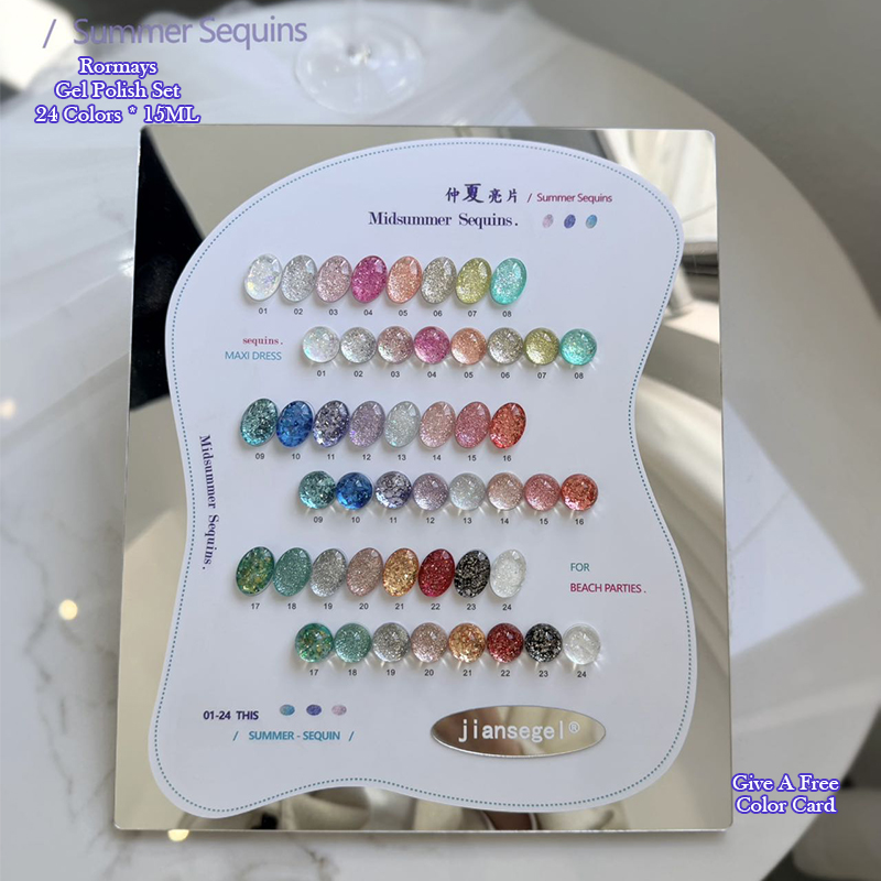 jiansegel Midsummer Sequins Nail Gel Polish 24 Colors Summer Glitter UV/LED Soak Off Nail Art Gel for Beach Parties