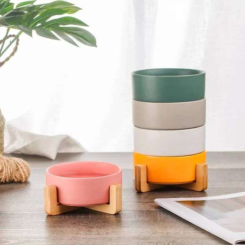 Dish With Wood Stand No Spill Ceramic Double Bowl For Dog Cat Food Water Feeder Cats Small Dogs Pet bowl 26Y0312
