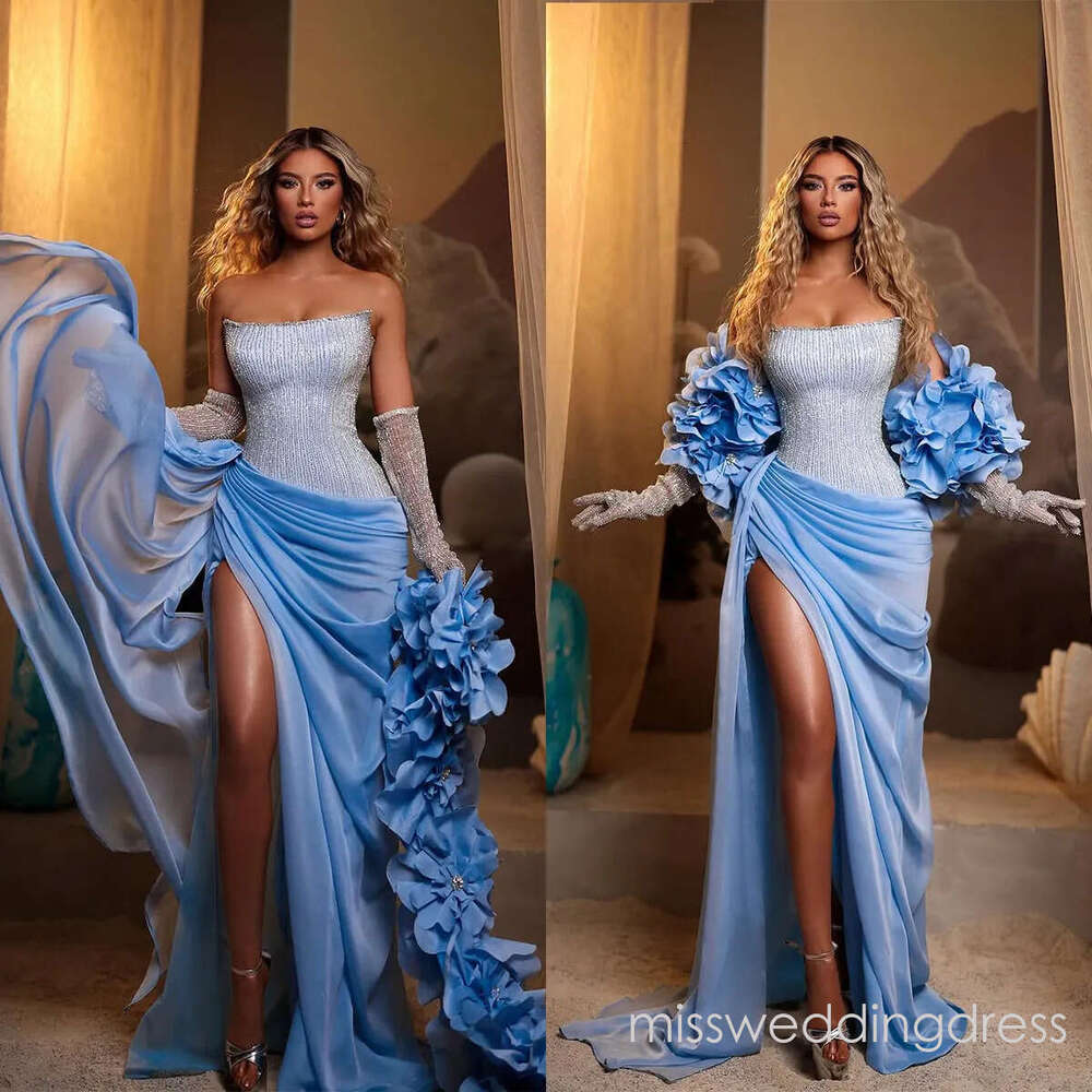 Fancy Evening Dresses 3D Flowers Prom Gowns Strapless Beading Rhinestone High Split Customized Sweep Train Formal Occasion Party Dress Vestidos De Noc