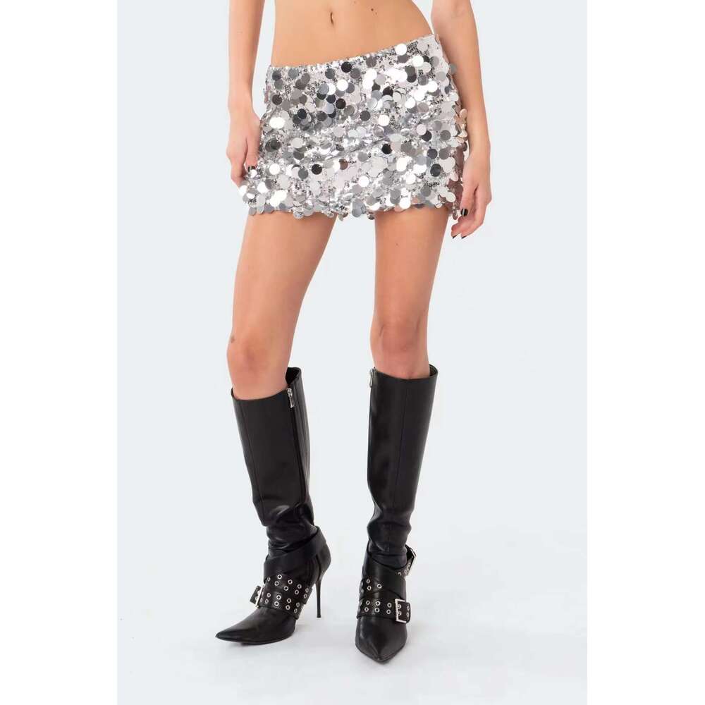 European and American Style New Foreign Trade Cross-Border Sexy Reflective Sequin A-Line Bodycon Mini Skirt
