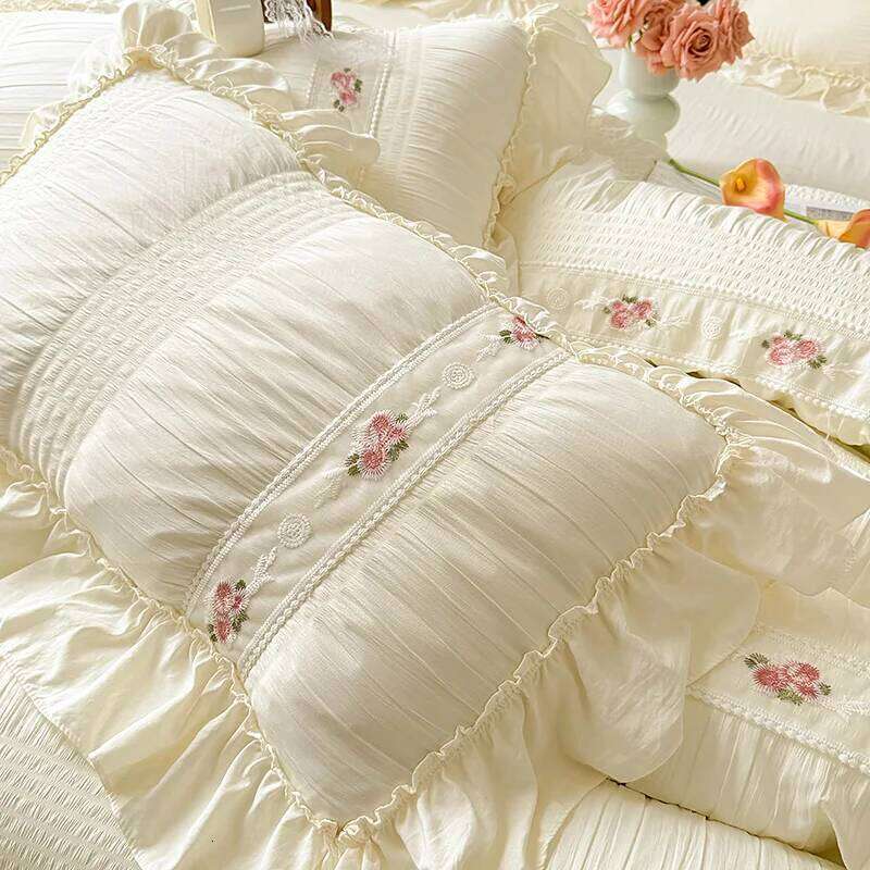 Korean Princess Style Lace Ruffles Wedding Bedding Seersucker Washed Cotton Soft Duvet Cover Set Bed Sheet Pillowcase 3/4Pcs H260312