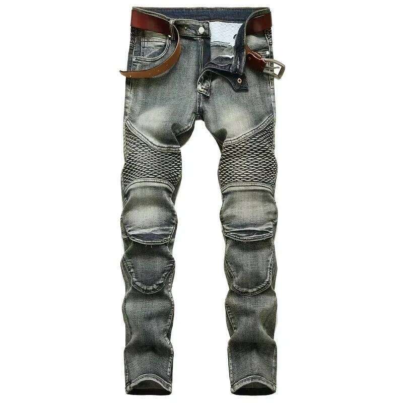 Men's New Casual Motorcycle Jeans Hip Hop Street Riding Stretch Slim Fit Straight Pants Patchwork Fashion Denim Trousers Male 26Y0312