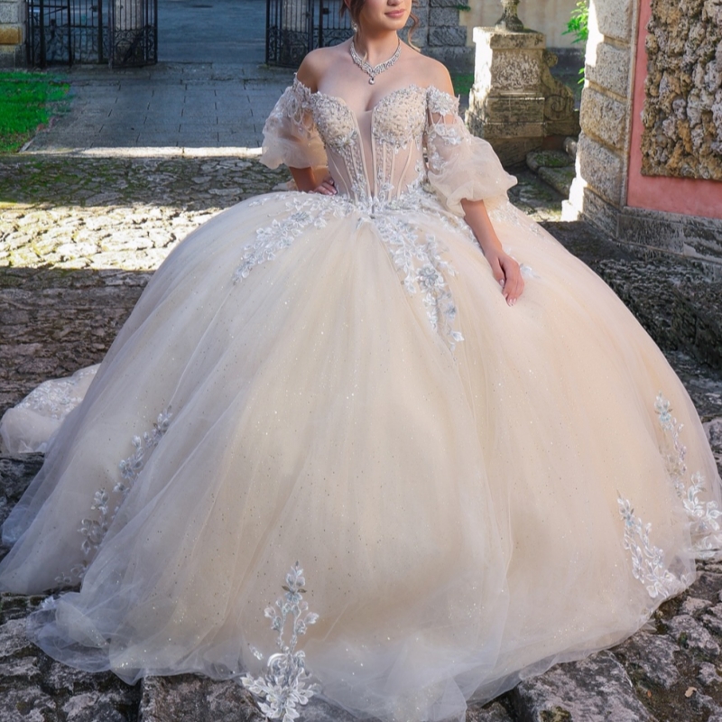 Champagne Shiny Ball Gown Quinceanera Dresses 2026 Applique Lace Beading Crystal Bow Tull Corset Off Shoulder Sweet 16 Dress Years Vestidos De 15 Anos