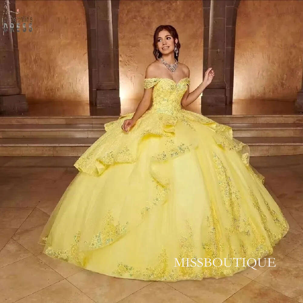 Yellow Lace Off Shouder Quinceanera Dresses Princess Shiny Prom Classic Ball Gown Floral Appliques Sweet 16 Dress F07 B0312