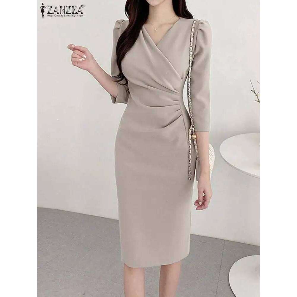 ZANZEA Summer Fashion Womens Dress Sexy Solid Color Knee Length Bodycon Sundress Elegant 3/4 Sleeve V-Neck Work OL Vestidos 2025 C260312