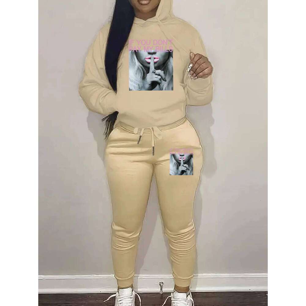 Women's Autumn/Winter Fashion Casual Letter Portrait Pattern Printed Thick Warm Hoodie+Sports Pants Set C260312
