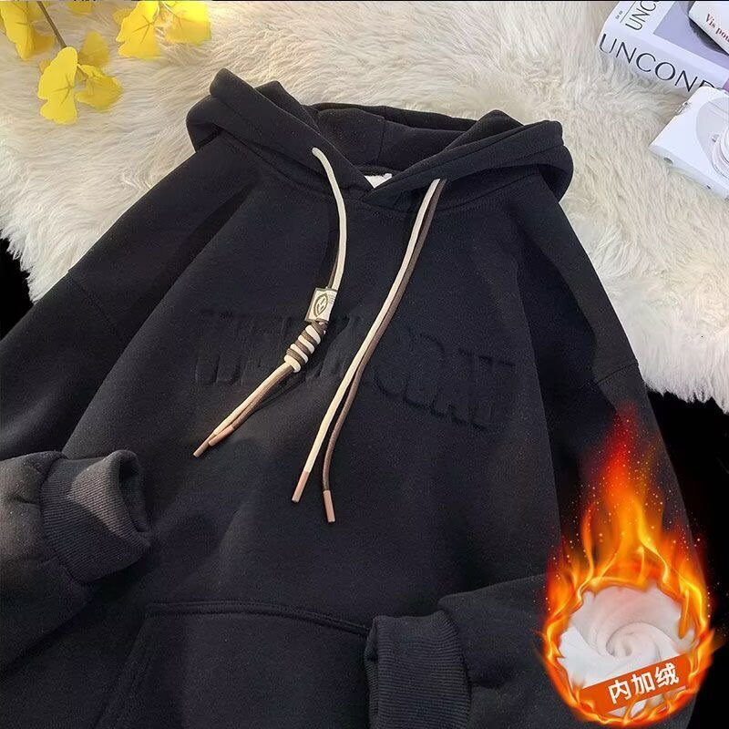 Heavyweight Hooded Sweatshirt For Men Autumn And Winter Trendy Brand Loose Designer Hoodie Fit Fleece-lined Thickened Embossed Jacket