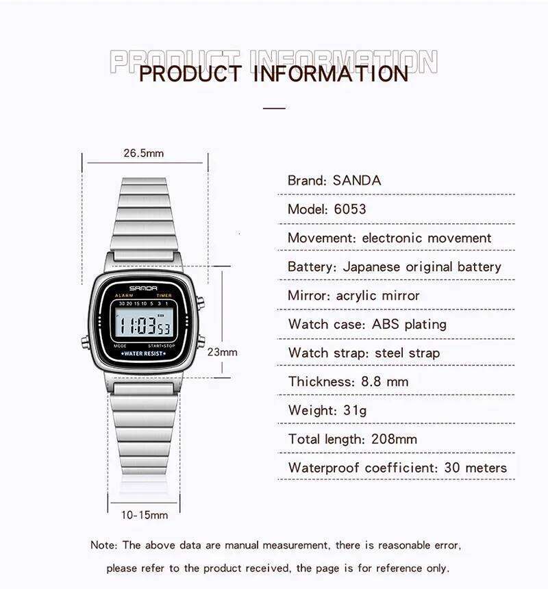 SANDA 6053 Luxury Digital Watch for Women Elegant Waterproof Sports LED Display Womens Wristwatches Clock Relojes Para Mujer