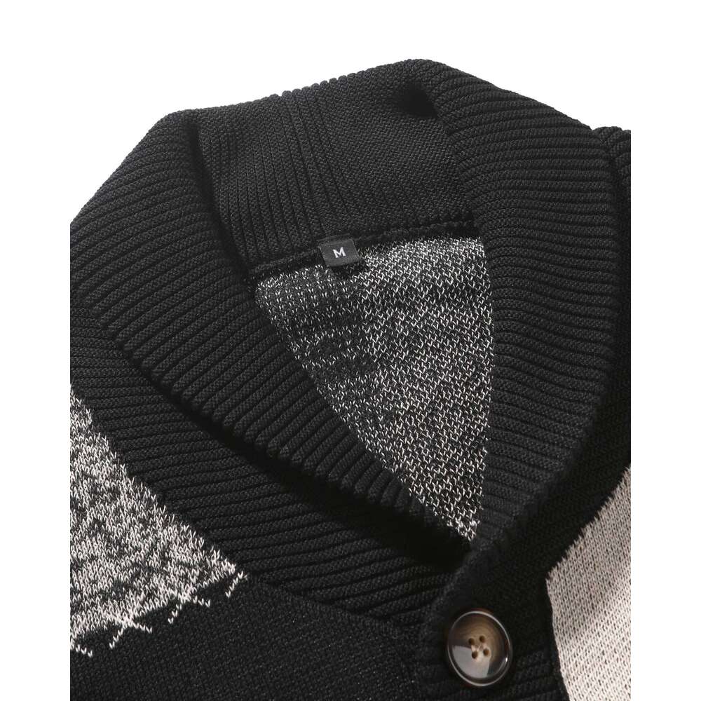 Men's Autumn Winter Cardigan Sweater, Black-White-Gray Plaid Color Block, Casual and Versatile Knitted Jacket