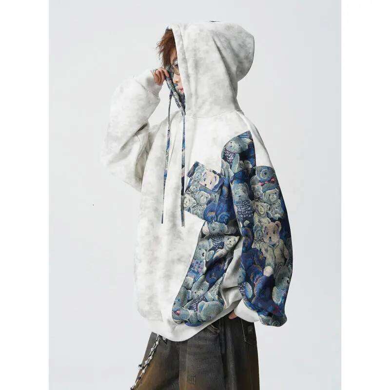 2026 New Retro Floral Print Men's Hoodie Tie Dye Patchwork Contrast Sleeve Oversized Streetwear Hooded Sweatshirt