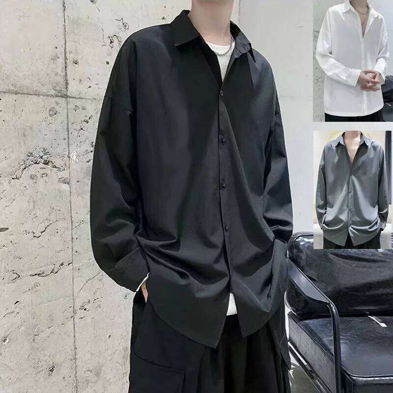 1pcs Spring Autumn Thin Long Sleeve Man Ice Silk Loose Style Male Fashion Casual Lapel Button-down Shirt Men Top