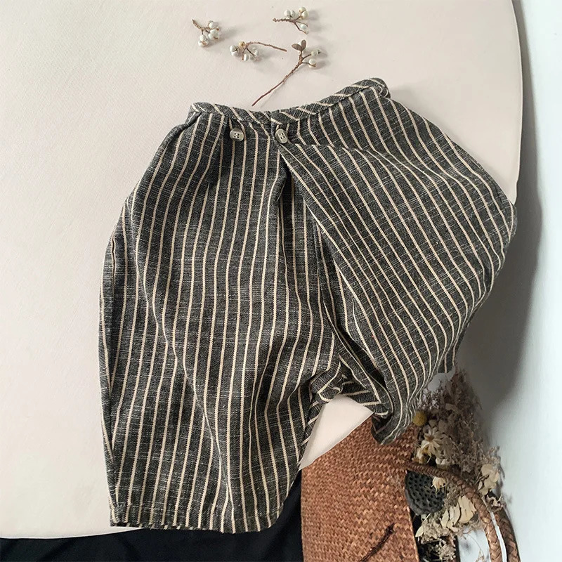 Childrens Retro Striped Cotton And Linen Pant Spring Autumn Japanese Boys Girls Casual Loose WideLeg Pants WTP122 260311