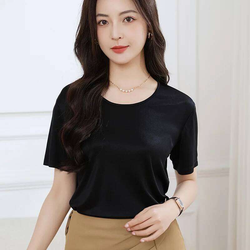 Summer High-End Women's Short Sleeve T-Shirt Acetate Fabric Knitted European Style Thin Hot Selling Top For Ladies MAKOUFEI