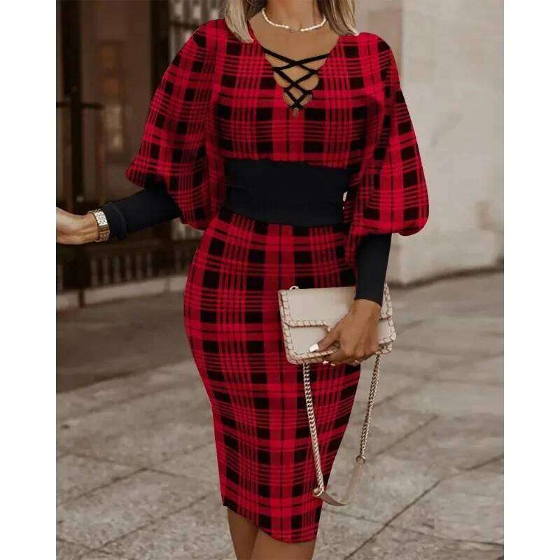 Women's Autumn S-XXL Long Sleeved Fashionable Printed V-Neck Band Waist Pack Hip Commuter Leisure Holiday Elegant Dress C260311